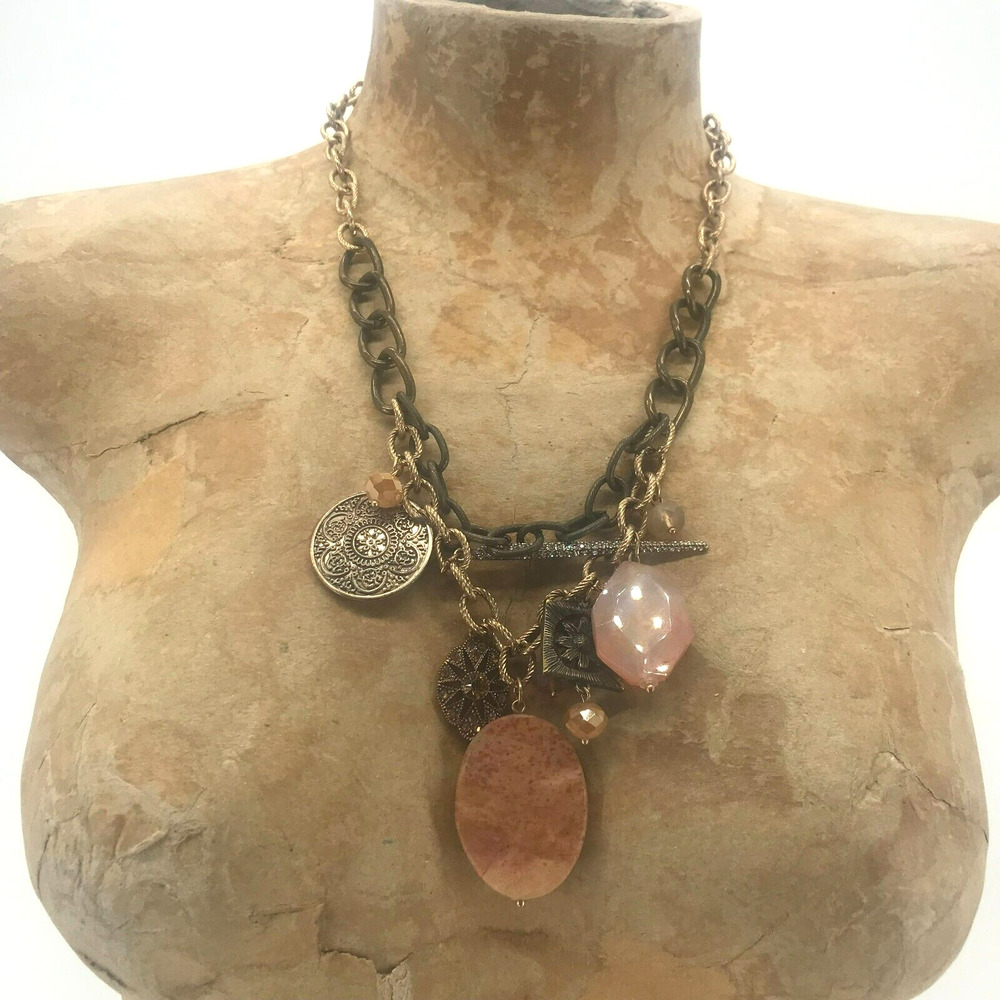 Chicos Necklace Brass Tone Chain Brown Gold Peach Pendants Bead Choker Length